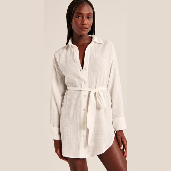 Abercrombie & Fitch Gauze Cotton Long Sleeve Swim Cover Up Shirt White M NWT - Picture 1 of 9
